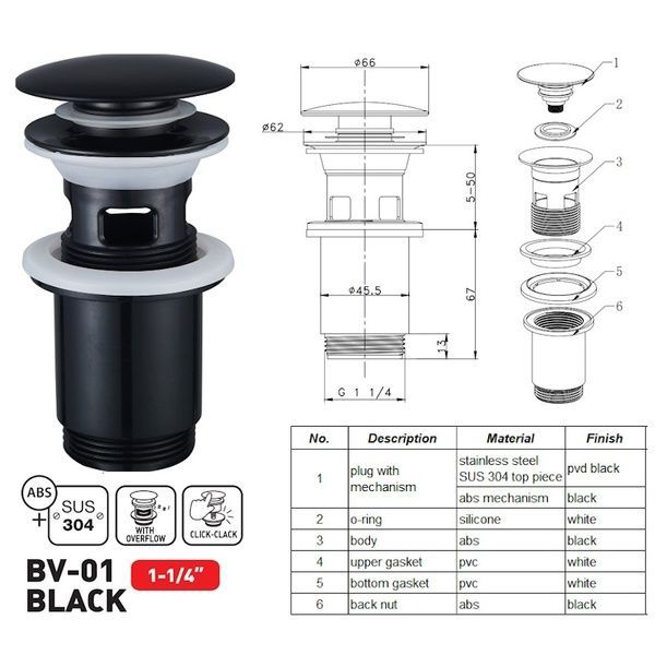 купить Донный клапан для раковины с переливом ZERIX BV-01 BLACK автоматический (Click-Clack) (Цвет черный) 1 1/4'' (ZX6016) фото