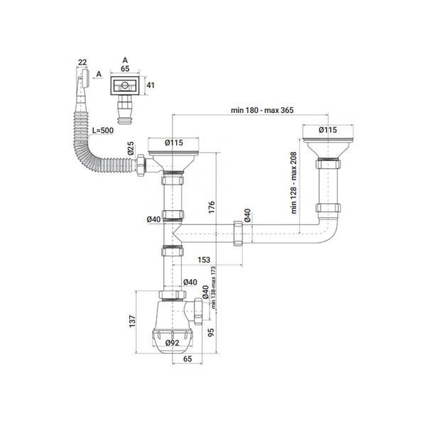купить Сифон для кухни Zerix SK-03-A 3 1/2"x40 с двумя резьб. выпусками и отводом для стиральной машины (ZX4955) фото