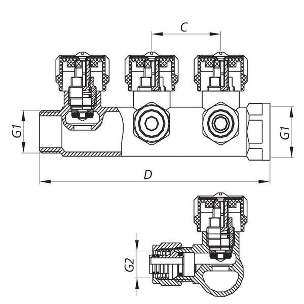 Коллектор вентильный с фитингом Koer KR.1122-3 1”x3 ways (KR2654) KR2654 фото