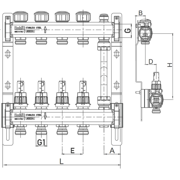 Колектор з витратомірами та термостатичними клапанами з байпасом Roho R814-11 - 1"х 11 вих. (RO0054 RO0054 фото
