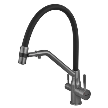 купить Змішувач для кухні ZERIX MAG-021 GRAPHITE REFL.BLACK з силіконовим виливом, з нерж.сталі SUS304 з виходом для питної води (колір графіт, вилив чорний) (ZX6005) фото