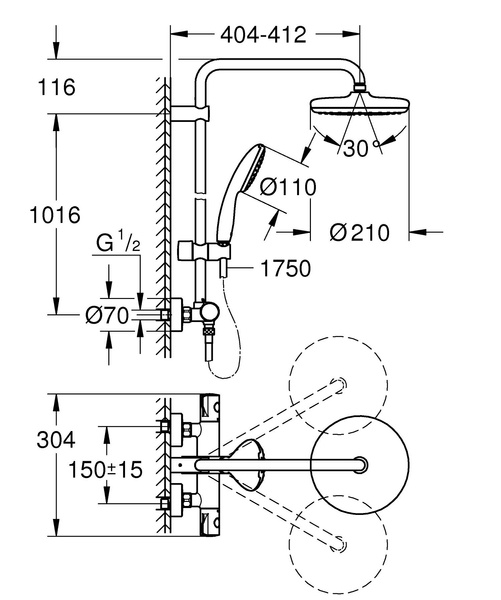 Душова система Grohe Tempesta System 210 з термостатом для настінного монтажу (26811001) 26811001 фото