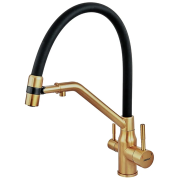 купить Змішувач для кухні ZERIX MAG-021 BRUSHED GOLD REFL.BLACK з силіконовим виливом, з нерж.сталі SUS304 з виходом для питної води (колір матове золото, вилив чорний) (ZX6007) фото