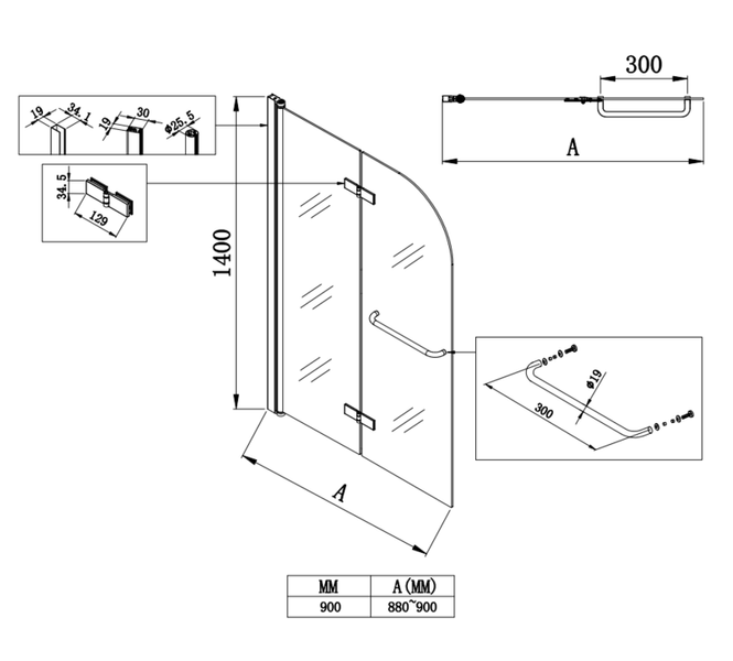 купити Шторки скляні на ванну розпашні KOER SR BS05-90x140-TR-01 прозоре скло EASY CLEAN 6мм хром (KR5372) фото