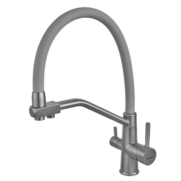 купить Змішувач для кухні ZERIX FUL-021 GRAPHITE REFL.GRAY з силіконовим виливом, з нерж.сталі SUS304 з виходом для питної води (колір графіт, вилив сірий) (ZX6000) фото