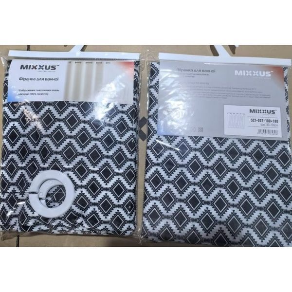 купити Шторка для ванної MIXXUS SCT-007-180x180 з поліестеру із вбудованими кільцями (Візерунок "Соти" чорно-білий) (AC0648) фото
