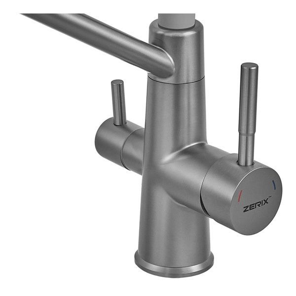 купить Смеситель для кухни ZERIX FUL-021 GRAPHITE REFL.GRAY с силиконовым изливом, из нерж.стали SUS304 с выходом для питьевой воды (цвет графит, излив серый) (ZX6000) фото