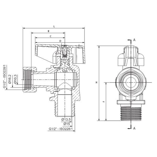 купить Кран шаровый угловой Н/Г Roho R116-050B -1/2"х1/2" ВЗ, ручка "бабочка" черная (RO0236) фото