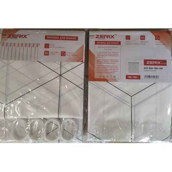 купити Шторка для ванної ZERIX SCP-020-180x180 з PEVA (поліетиленвінілацетату) (Візерунок "Зигзаг" білий) (ZX6093) фото